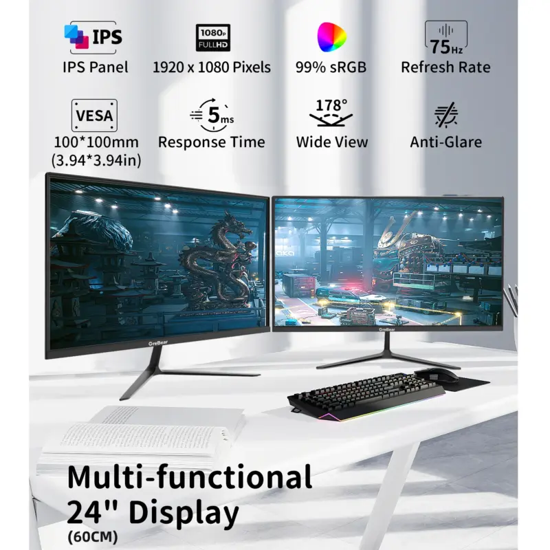 GreBear IPS Computer Monitor 24 Inch, FHD 1080p PC Monitor 5ms(GTG) 99% sRGB,Ultra Slim, LED Low Blue Light An - Image 3