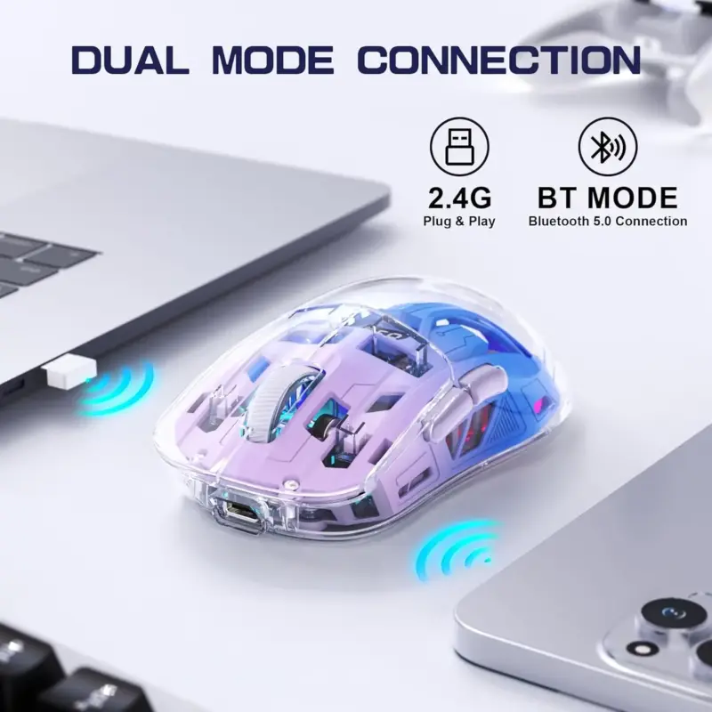 A2 Transparent Wireless Gaming Mouse, BT 5.0/2.4G PC Rechargeable RGB Mice with Digital Screen,PixArt 3212, 5 Adjustable DPI - Image 2