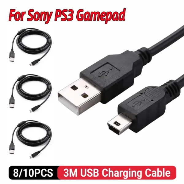 8/10pcs For PS3 Controller USB Charger Cable 3m Mini USB Cable Power Supply Charge Wire w/Magnetic Ring for Sony PS3 Gamepad