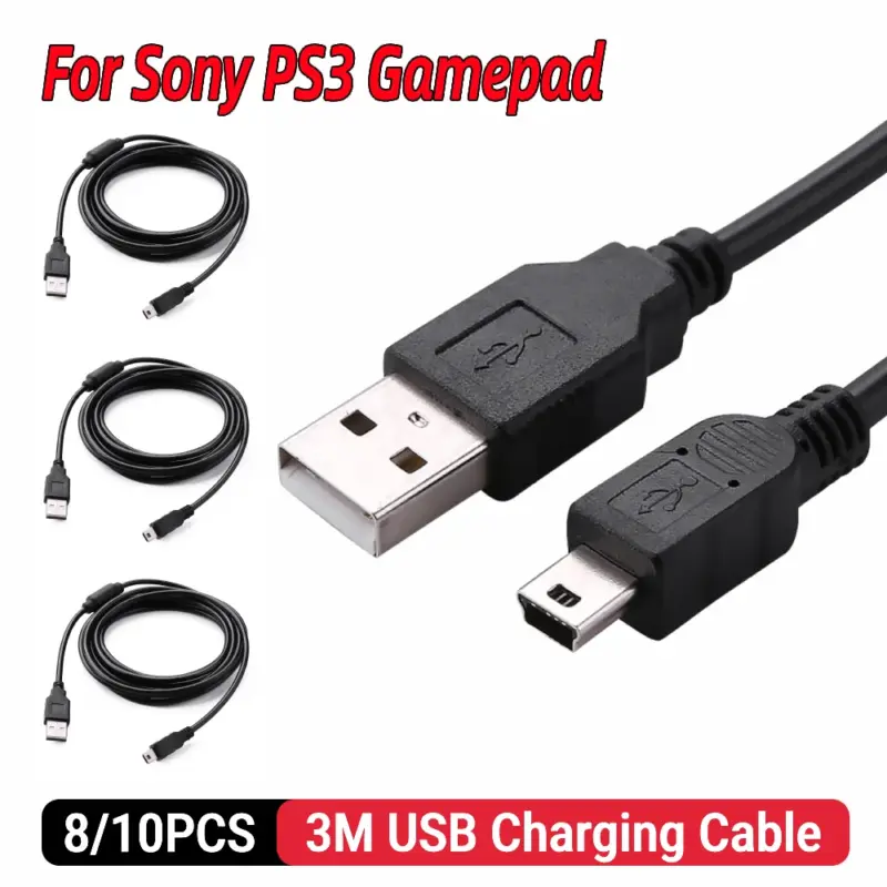 8/10pcs For PS3 Controller USB Charger Cable 3m Mini USB Cable Power Supply Charge Wire w/Magnetic Ring for Sony PS3 Gamepad