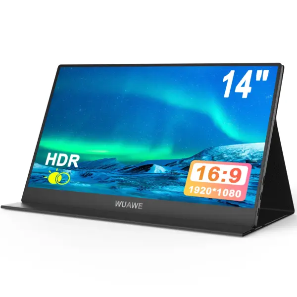 WUAWE 14inch Portable Monitor 1920*1080 USB-C HDMI and Type-C Travel Monitor, External Second Computer Monitor for PC Mac Phone