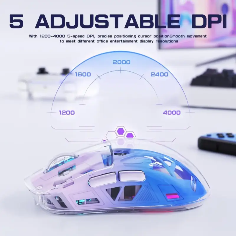 A2 Transparent Wireless Gaming Mouse, BT 5.0/2.4G PC Rechargeable RGB Mice with Digital Screen,PixArt 3212, 5 Adjustable DPI - Image 6