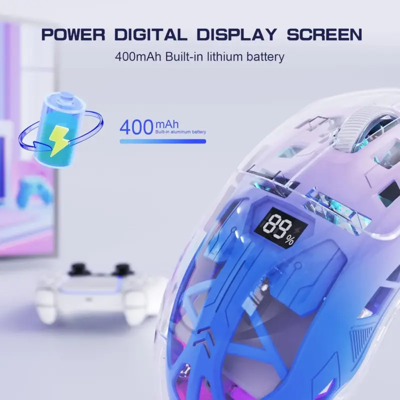 A2 Transparent Wireless Gaming Mouse, BT 5.0/2.4G PC Rechargeable RGB Mice with Digital Screen,PixArt 3212, 5 Adjustable DPI - Image 4