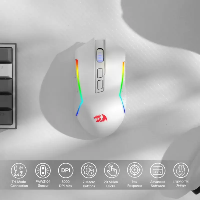 Redragon M693 Wireless/Wired BT & 2.4G Bluetooth Gaming 8000 DPI Mouse 3-Mode Connection RGB Backlight for PC/Mac/Laptop - Image 2