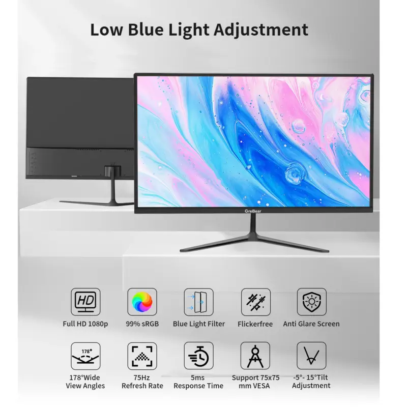 GreBear IPS Computer Monitor 24 Inch, FHD 1080p PC Monitor 5ms(GTG) 99% sRGB,Ultra Slim, LED Low Blue Light An - Image 7